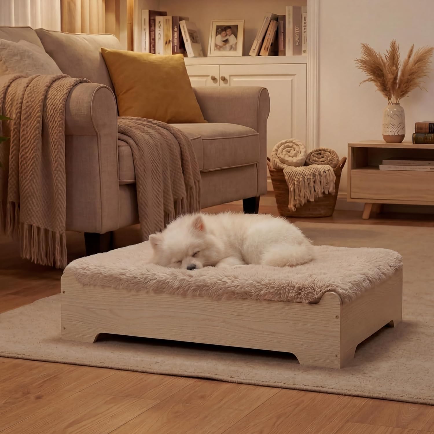 Elevated Wooden Dog Bed with Supportive Cushion & Washable Cover, Sturdy Noise-Free Frame, Modern Furniture-Style Design for Indoor Living Spaces, S Size for Small Dogs, Natural Wood Finish