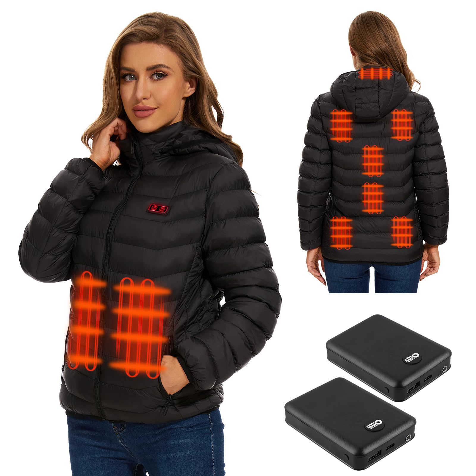 QTREE intelligenceHeated Jacket Unisex with 2PCS 10000mAh Battery Pack, 9 Heating Areas Heated Coat
