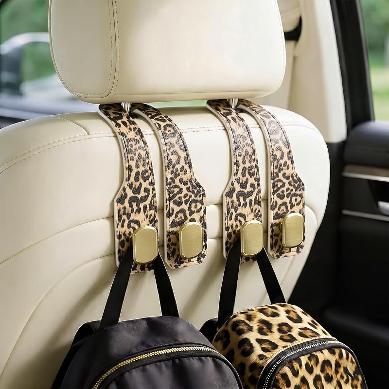 Kit com 2 Ganchos Duplos para Encosto de Banco Voodefy em Couro Sintético, Estampa Leopardo Amarelo