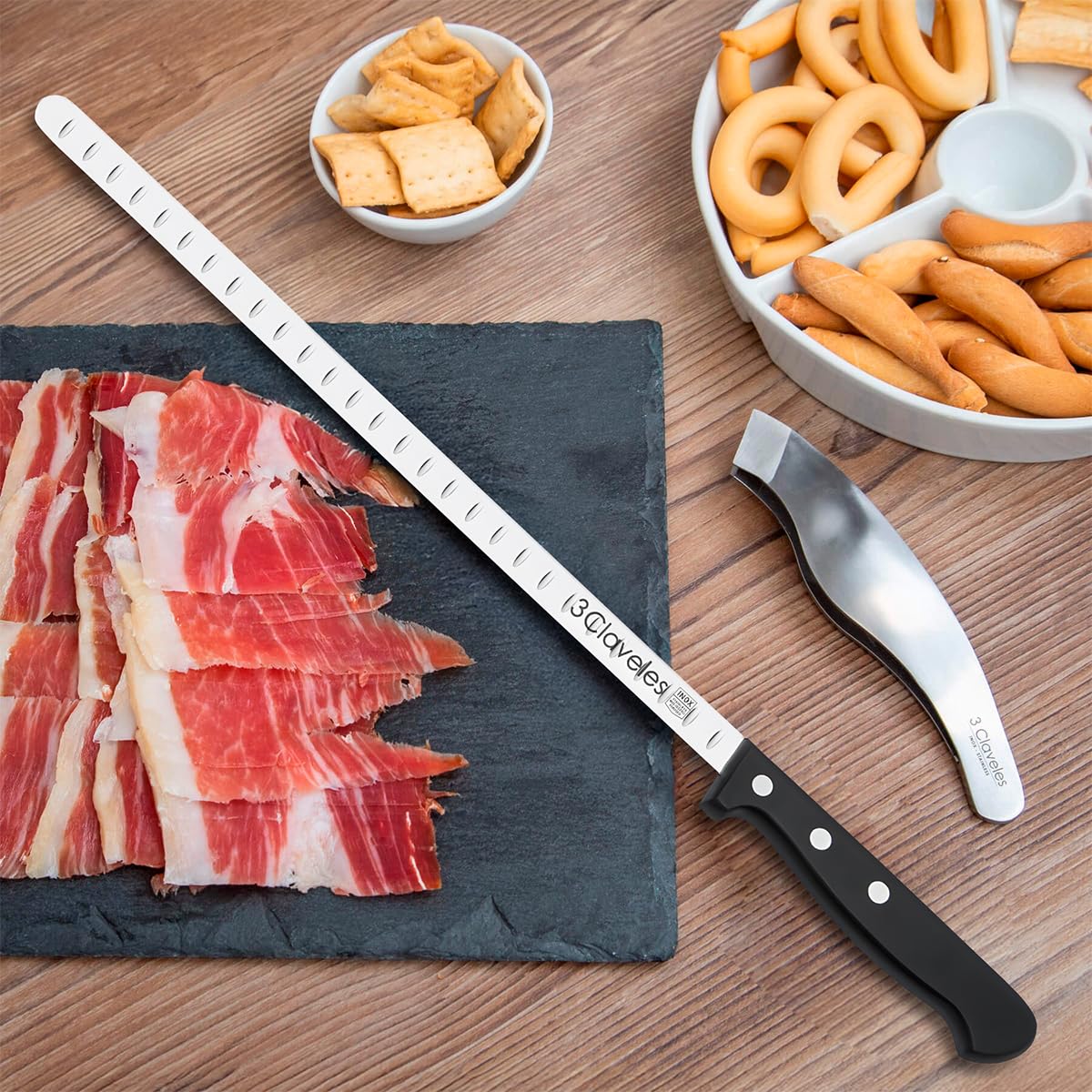 PracticFood Juego de Cuchillos Profesionales Selección Super Chef, Jamonero Alveolado 29 cm y Accesorios (ESSENTIAL2)