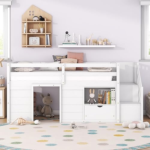 Harper & Bright Designs Low Loft Bed with Stairs, Solid Wood Twin Size Low Loft Bed Frame with Storage Drawers and Shelf, for Kids Teens Girls Boys (Twin Size, White)