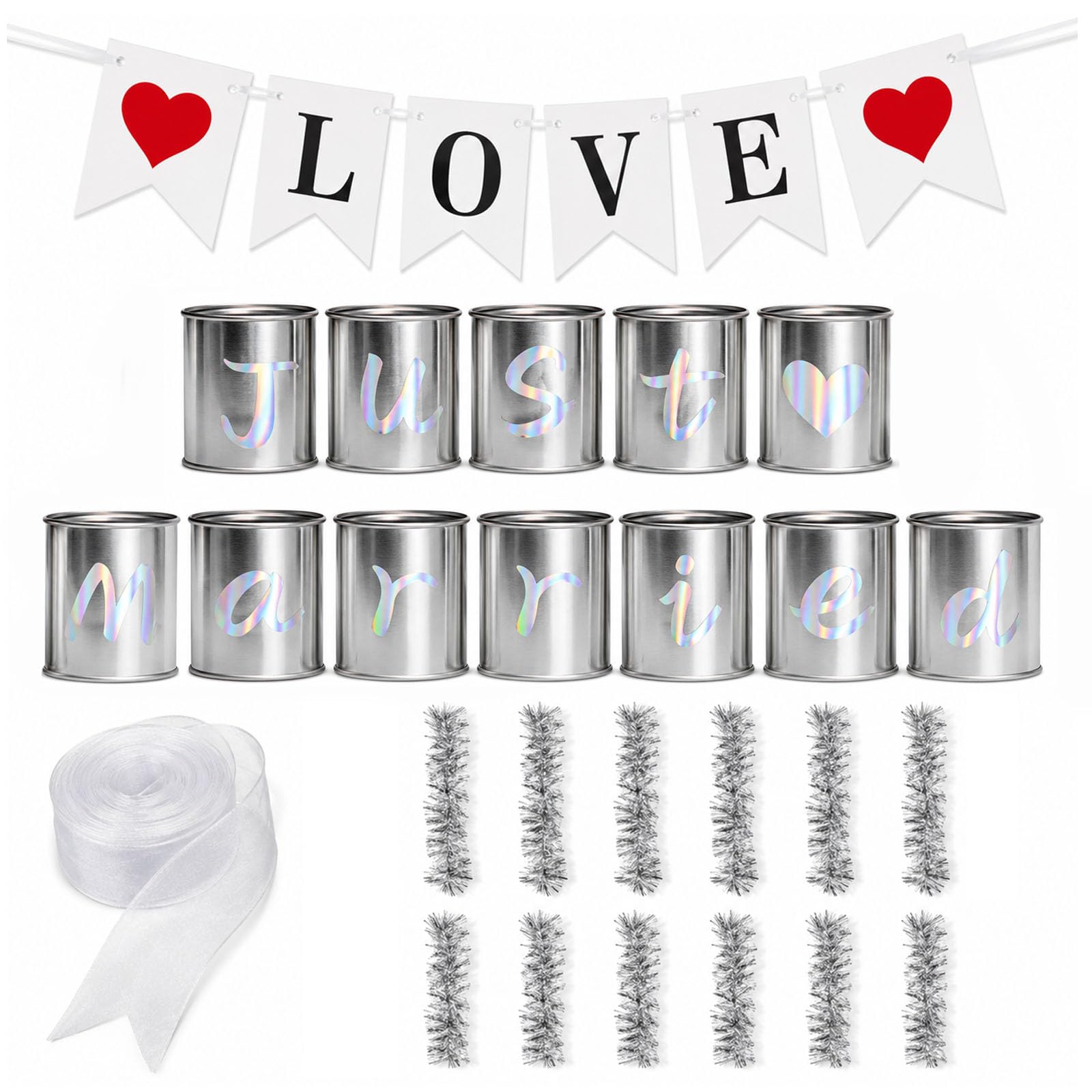 Wedding Car Decorations, 12 Silver Just Married Tin Cans