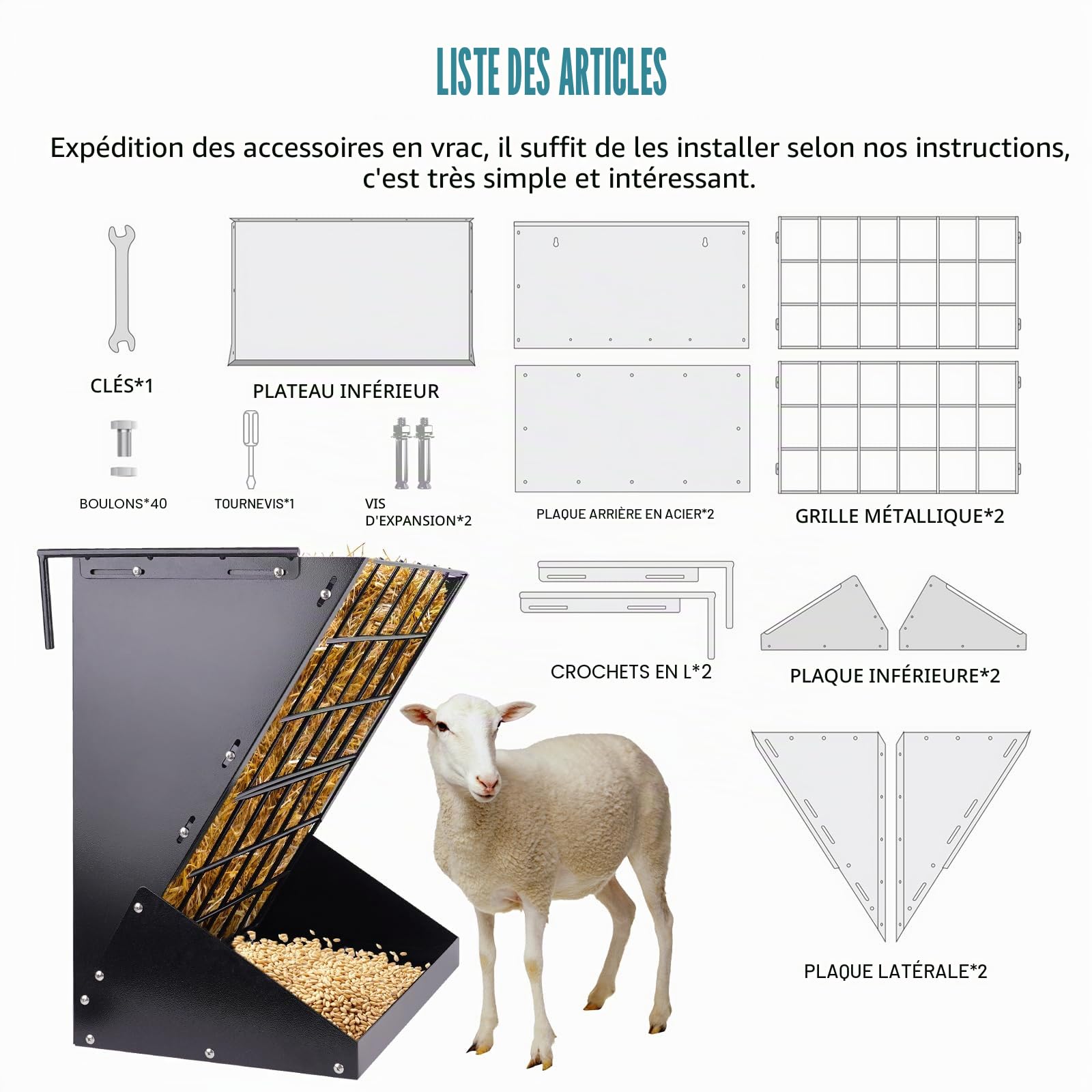 Grand râtelier à foin 2 en 1 pour moutons et chèvres - Râteau à foin suspendu - Grille de conservation et crochets ajustables