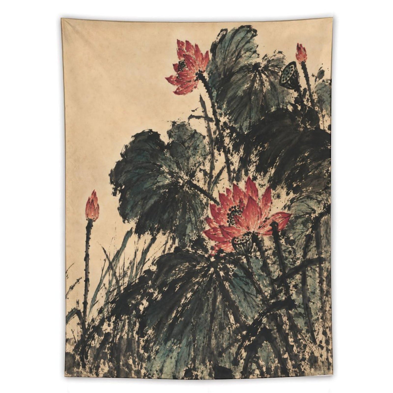 H3B8U2Y5 Dark Lotus Flowers Wall Tapestry, Asian Ink Style, College Dorm