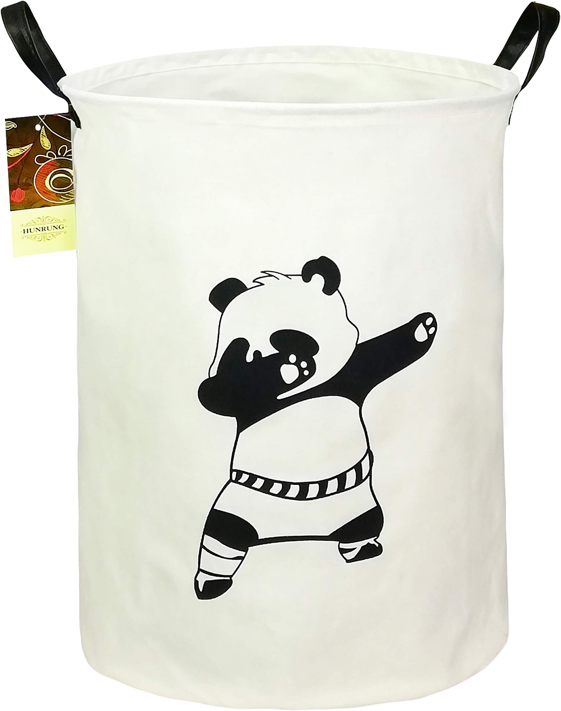 HUNRUNG Laundry Hamper,Large Canvas Fabric Lightweight Storage Basket Toy Organizer Dirty Clothes Collapsible Waterproof for College Dorms, Children Bedroom,Bathroom（Round-Dancing-Panada）