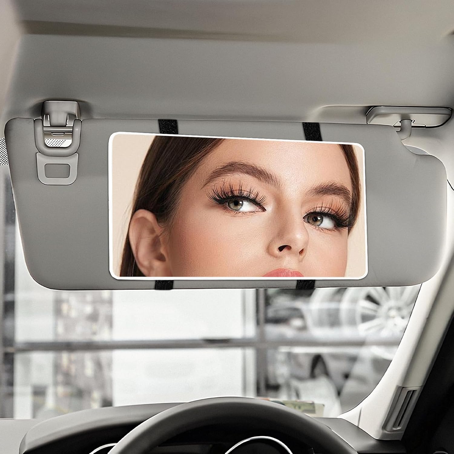 Car Sun Visor Vanity Mirror, Automotive Makeup Sun-Shading Mirror with Straps, HD Large Car Visor Cosmetic Vanity Mirror for Women Girls, Universal Interior Car Accessories (Black)