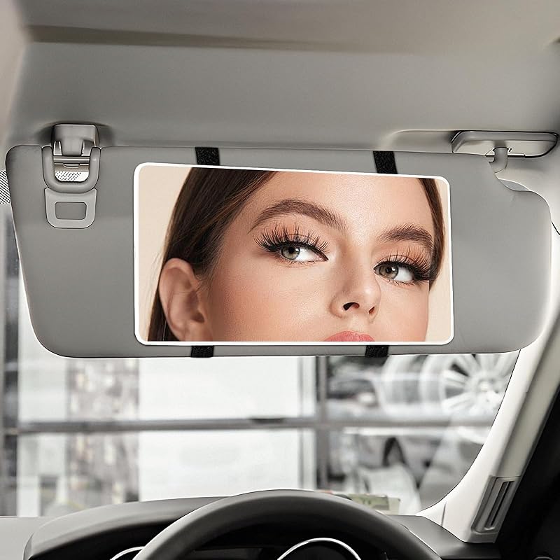 Espelho de maquiagem para quebra-sol automotivo Hbxdeco em vidro HD com tiras elásticas branco – 1 unidade