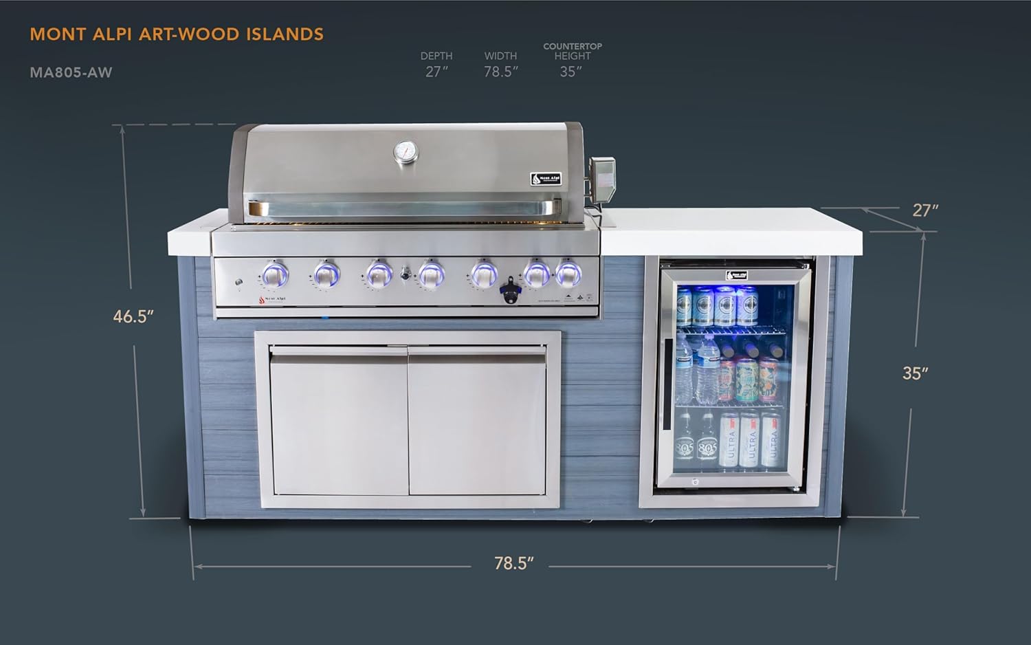 Mont Alpi MA805-AW Outdoor Kitchen Island with dimensions labeled
