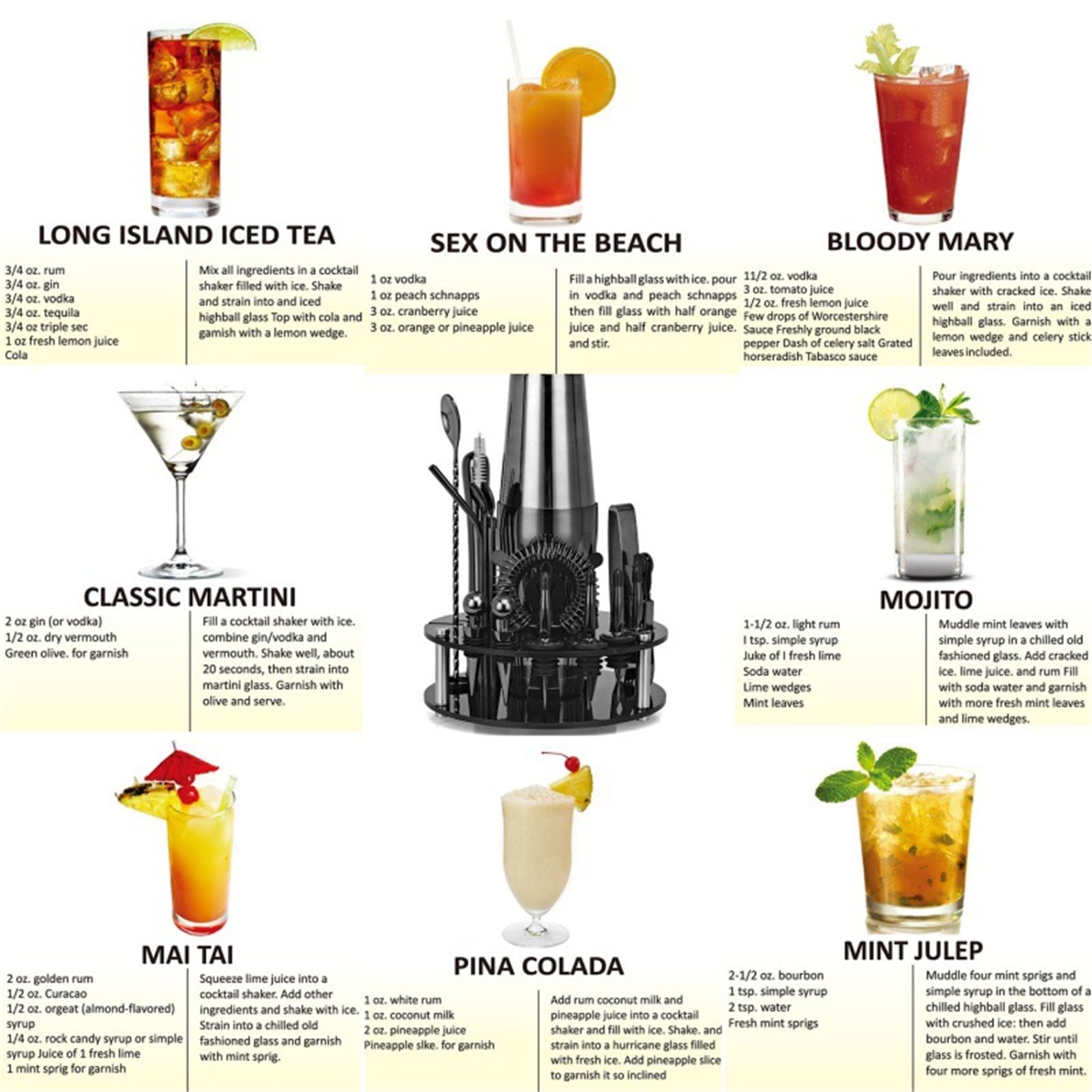 Zenithia 20 pièces Shaker à Cocktail avec Support tournant,Shaker en Acier Inoxydable Ensemble,Agitateur à Cocktail,Kit de Barman Professionnel,Outils de Bar à la Maison pour Mélanger des Boissons