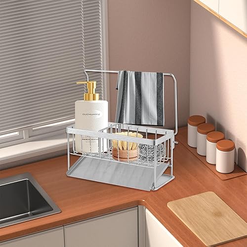 Miniatura 4 de truesion Soporte de esponja para fregadero de cocina de acero inoxidable 304, soporte de esponja para fregadero con bandeja de drenaje, soporte