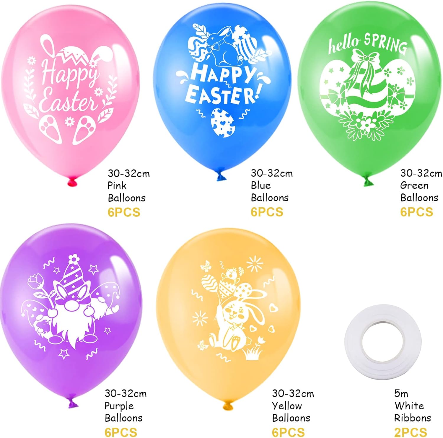 DPKOW 32pcs Happy Easter Balloons Set for Easter Party Decorations, Colorful Easter Latex Balloons Support Helium or Air, Easter Egg Dwarf Bunny Balloons for Easter Game Activities Decorations