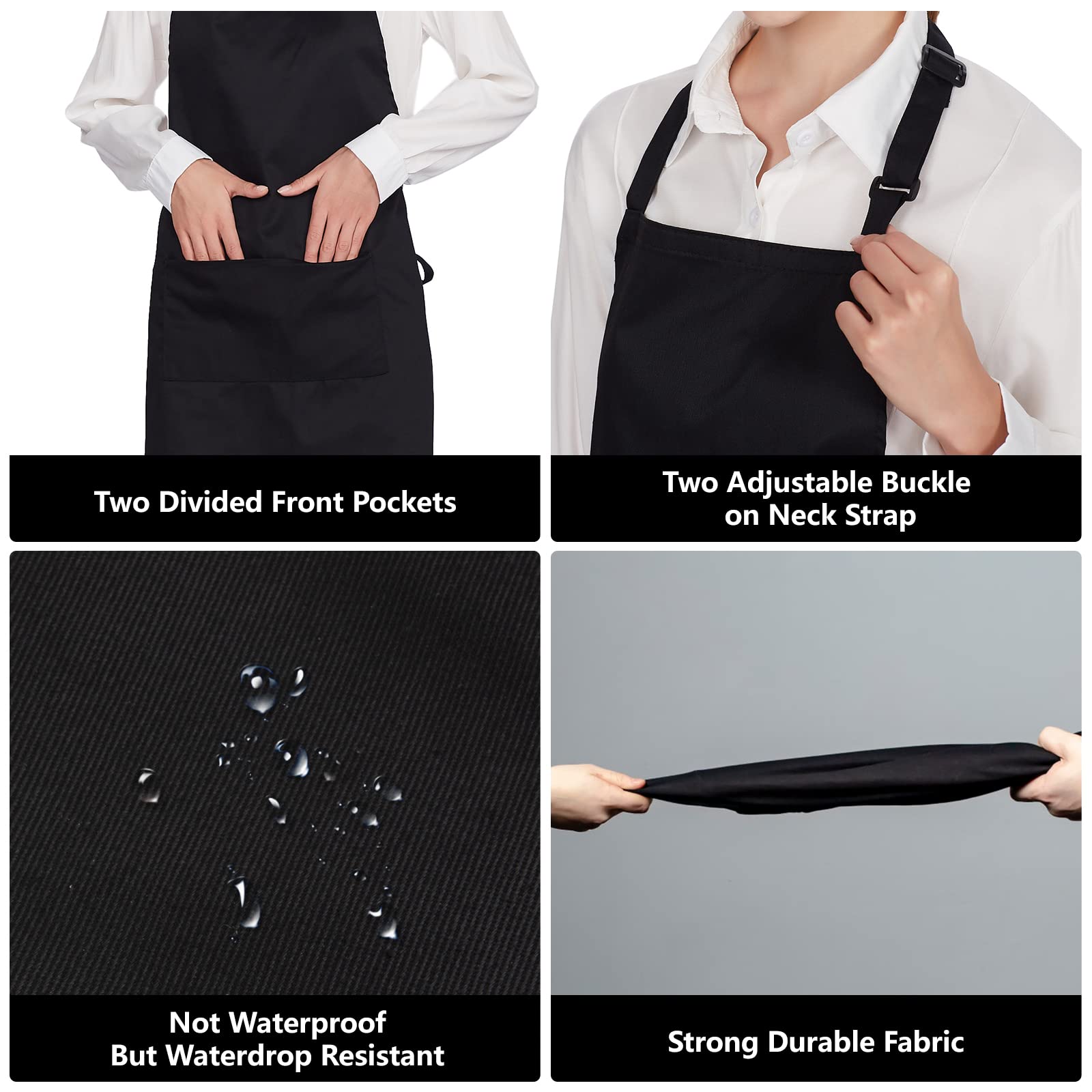 Jubatus Paquete de 2 delantales 100% algodón con 2 bolsillos ajustables para cocinero, cocinero, para mujeres y hombres, color negro