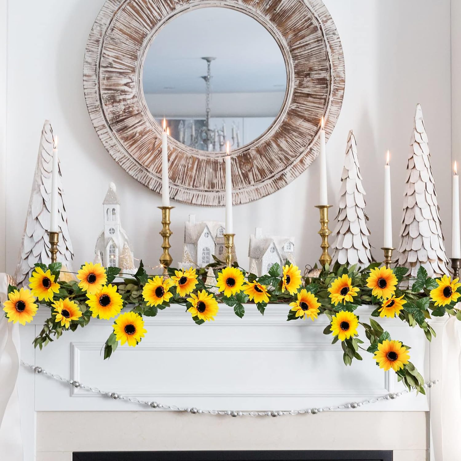 Uieke 10 Pack Artificial Sunflower Garland, 8.2ft/Pcs Silk Sunflowers with Green Leaves, Flowers Vines for Room Home Kitchen Garden Wedding Arch Bridal Baby Shower Party Outdoor Decor