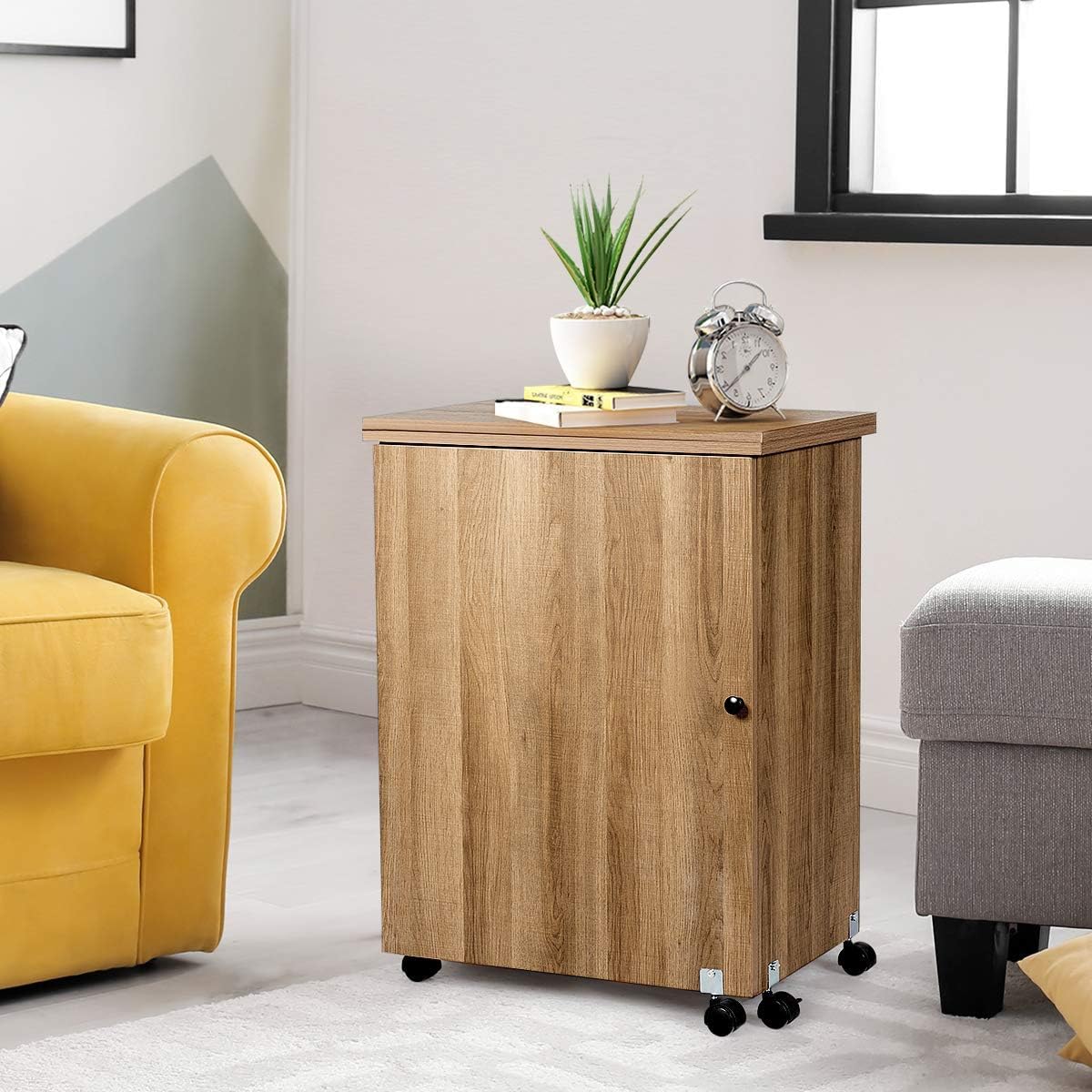FANTASK Armario de Costura y Escritorio Plegable de Madera, Mesa de Costura Natural con 3 estantes para bobinas, Mesa de Costura para salón y Dormitorio con Ruedas bloqueables