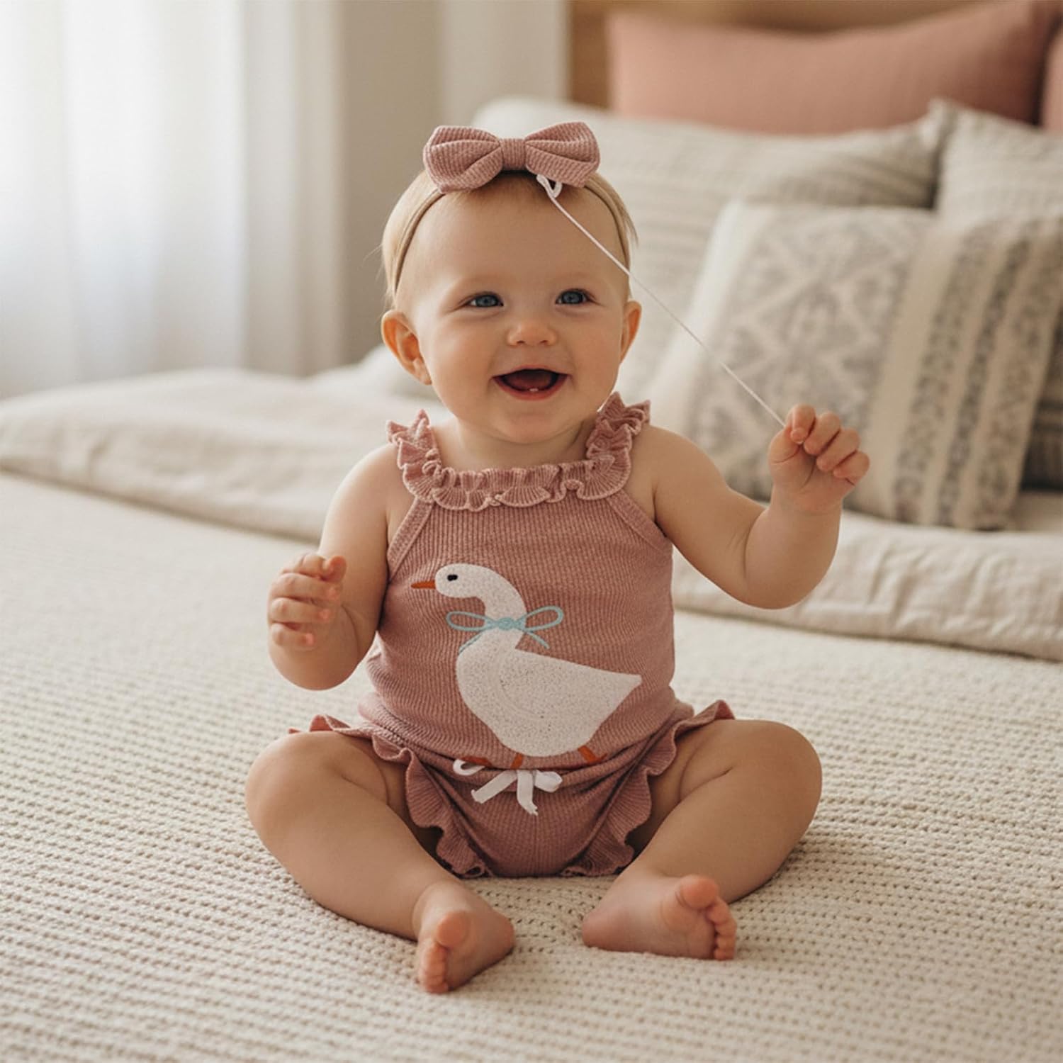 Newborn Baby Girl Clothes Silly Goose Outfit Waffle Knit Sleeveless Romper Ruffle Shorts Set Spring Summer Clothes - Image 6