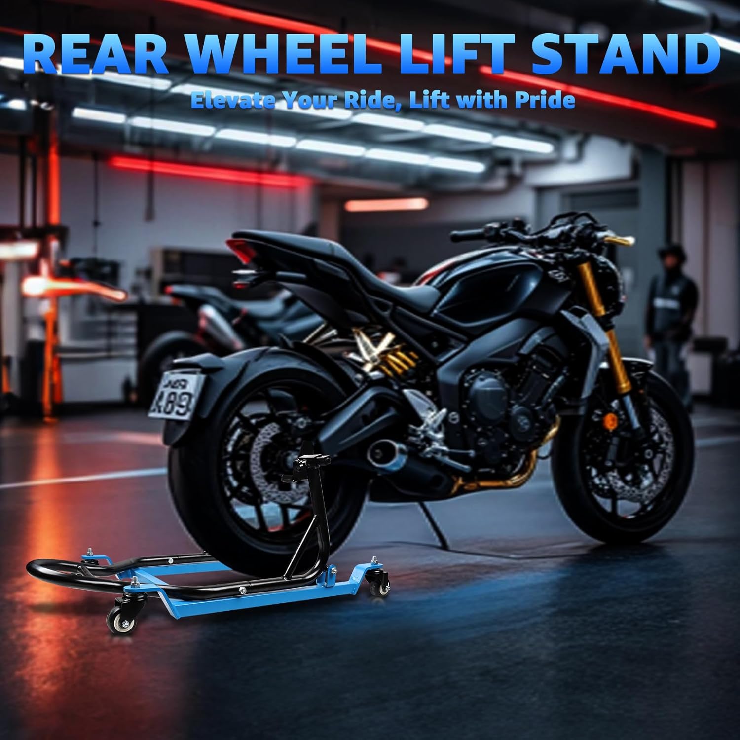 HKTE Pro-Series Motorcycle Rear Lift Stand, 440 lb Load, 4 Castor Wheels, Adjustable Swingarm Paddock Stand Elevate Your Ride Maintenance