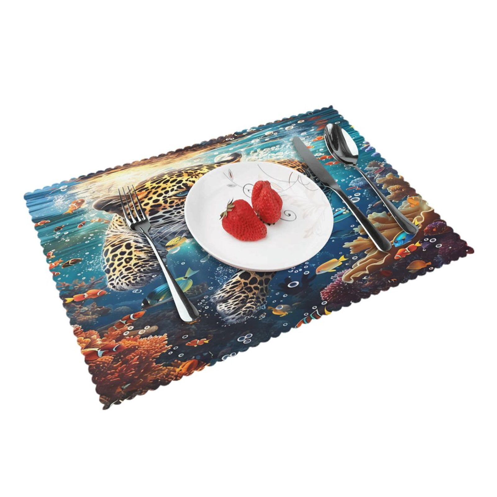 Leopard Underwater Coral Placemats Set of 4 Print Table Mats Place Mats Table Decor for Kitchen Dining 12X18 in
