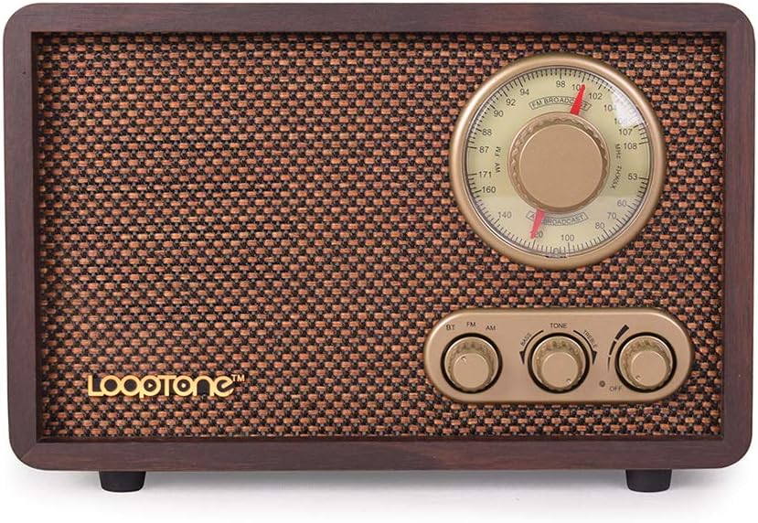 LoopTone FM AM Radio Retro Wood Radio with Bluetooth Play Mp3 and Antenna Built in Speaker for Kitchen Living Room