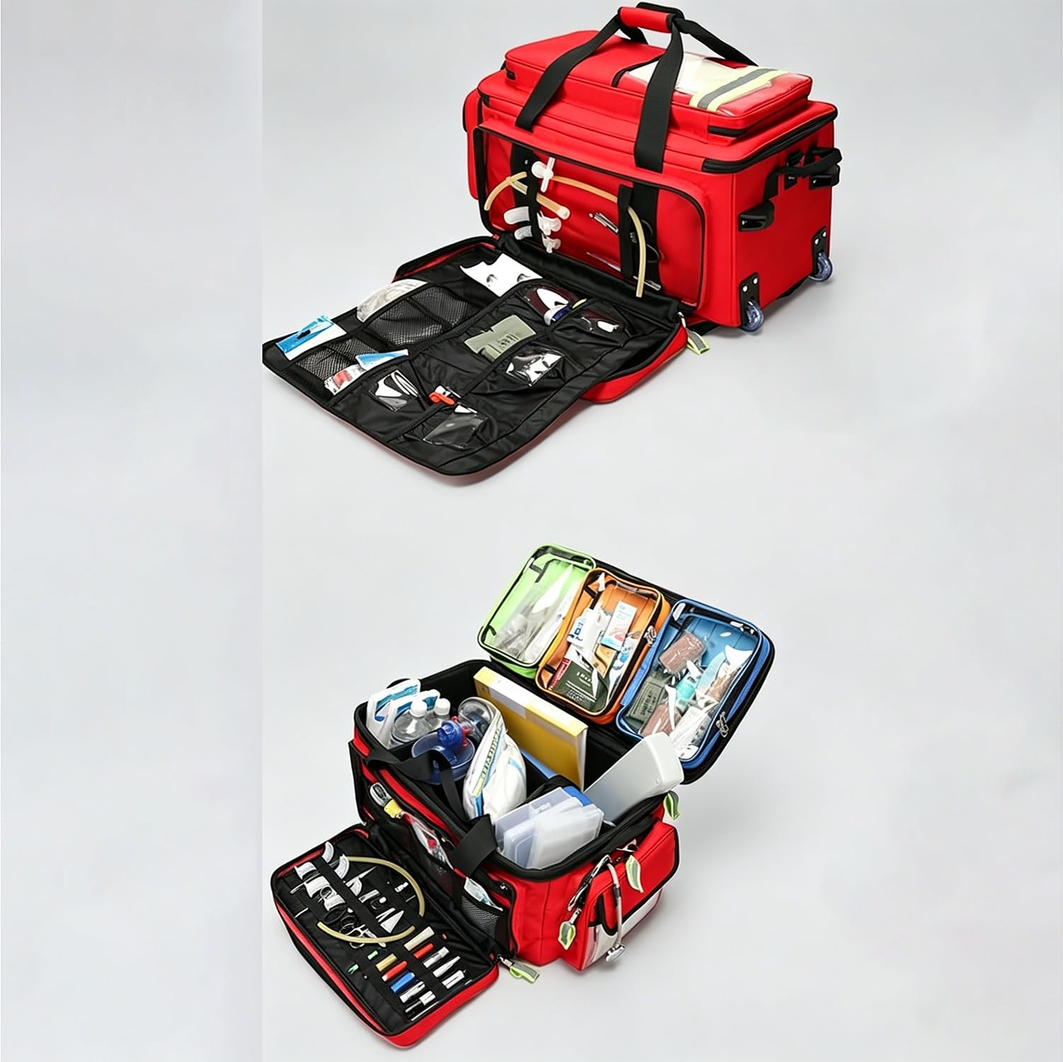 Botiquín de primeros auxilios portátil for exteriores, botiquín de primeros auxilios con ruedas, compartimentos extraíbles y varilla telescópica, Peso 5 kg, for viajes y excursiones