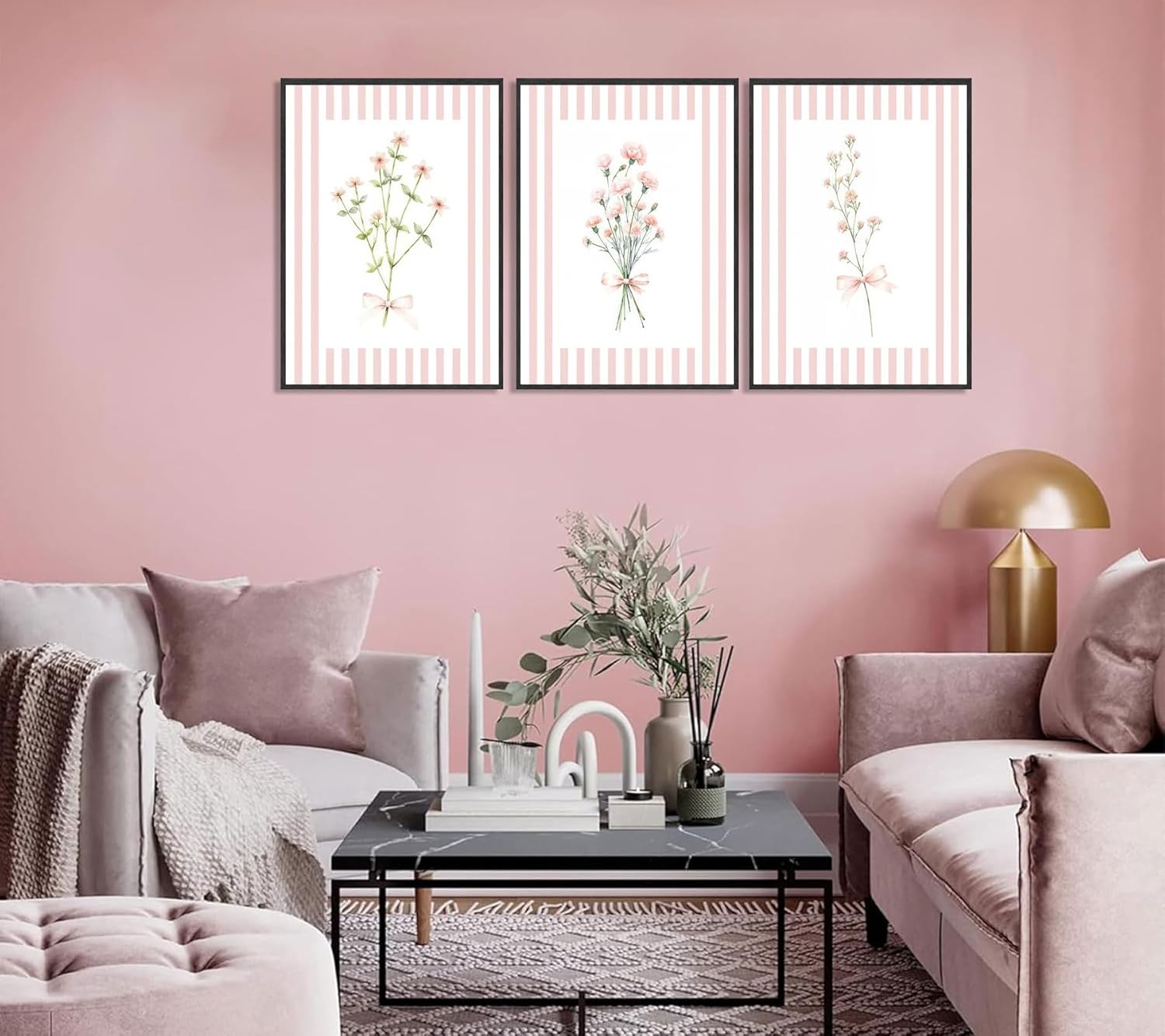 QJPEGZB 3Pcs Pink Bow Floral Canvas Wall Art Pink and White Striped Preppy Bloom Painting Pictures Flower Plant Wall Decor Prints for Living Room Bedroom Girl Room Home Decoration 16x24in Unframed