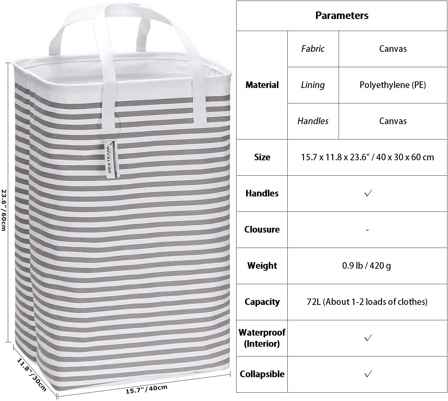 Sea Team 23.6" Large Size Canvas Fabric Laundry Hamper Collapsible Rectangular Storage Basket with Waterproof Coating Inner and Handles, Navy Blue & White Stripe