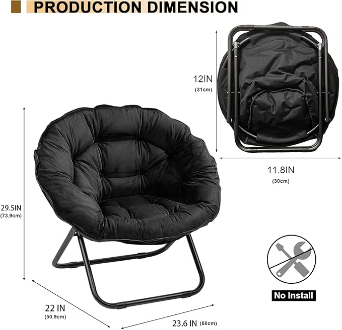 Sillón Plegable Redondo con Peluche Negro miniatura 2