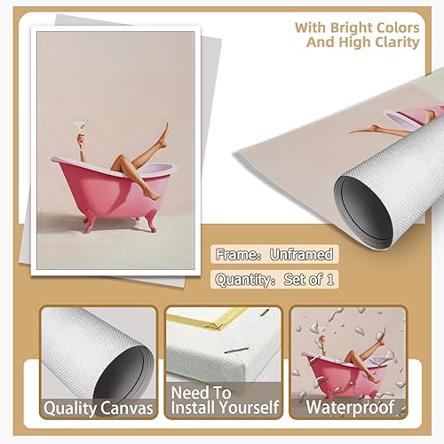 Miniatura 7 de Póster de pintura con estampado de Martini en la bañera rosa, divertido lienzo de baño, arte de pared, moderno, cóctel, minimalista, estético,