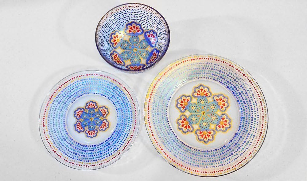 Moroccan Patterned Dinnerware Set, Designer Hand Painted Artisan Glass