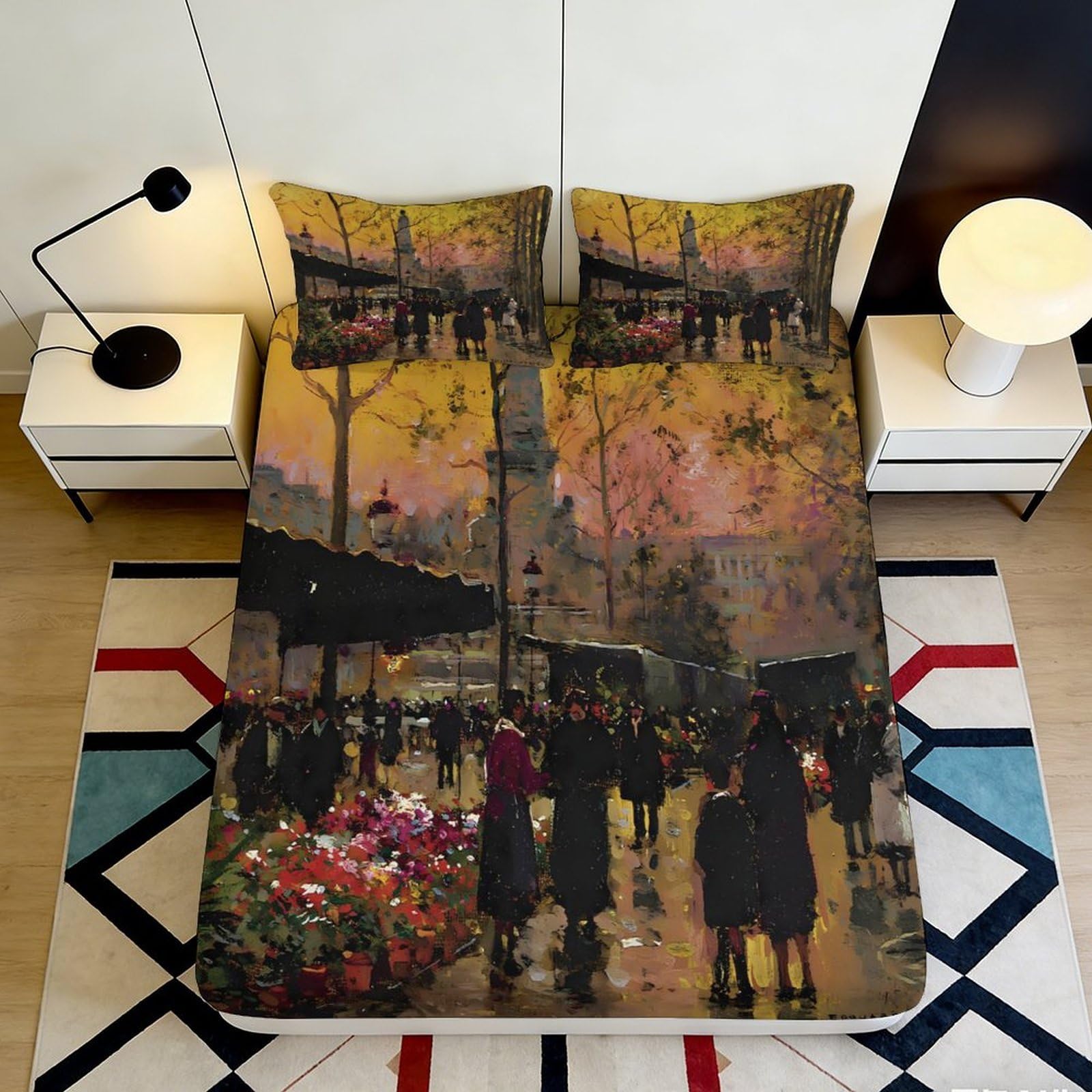 Jqzkxnhpbr Style-6 3D Printed Cityscape Night Fitted Sheet Microfiber Artistic Street Scene Mattress Cover For Bedroom Guest Room Decor 90X200x25cm
