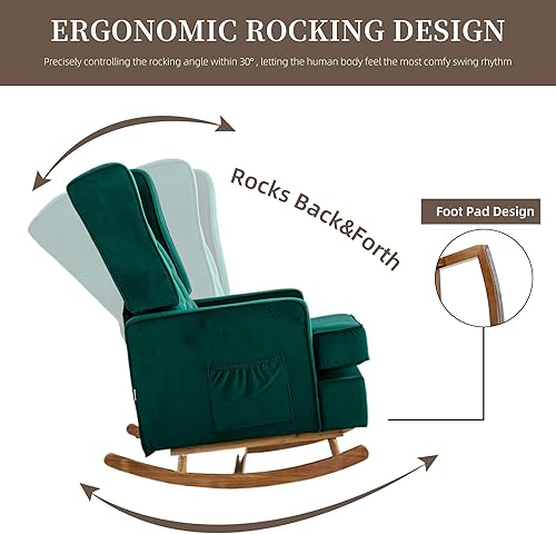 Miniatura 10 de QQU Mecedora con brazos, silla de peluche de ocio para interiores, cómoda silla de respaldo alto con base de madera maciza, bolsillo lateral para