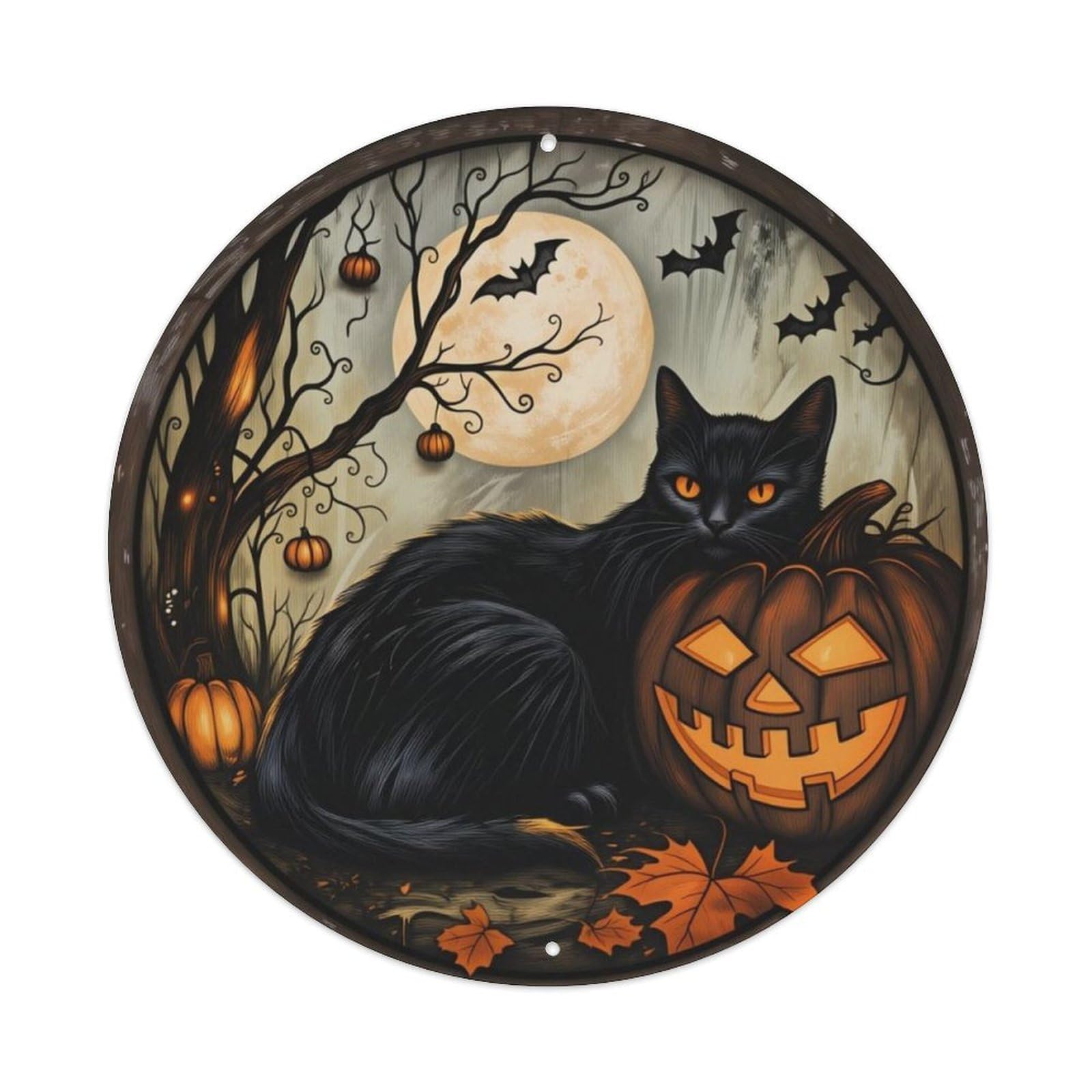 Halloween Black Cat Pumpkin Full Moon Retro Round Wall Sign Vintage Aluminium Metal Sign, Retro Wall Decor for Home, Bar, Garage & Farmhouse 20x20cm