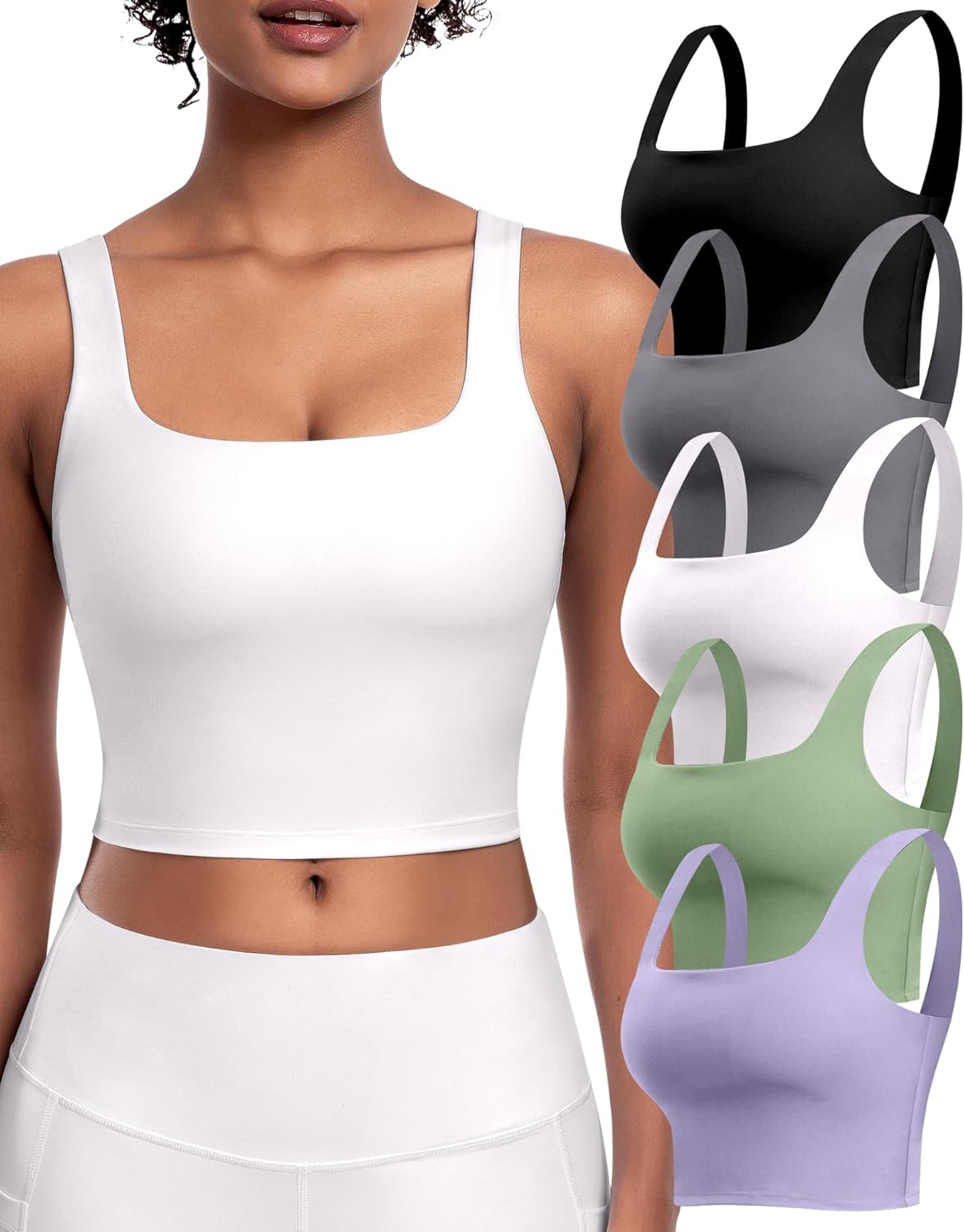 Womens Sports Bras 5 Packs - Square Neck Longline Workout Crop Tank Tops Padded Yoga Camisole with Built in Pads