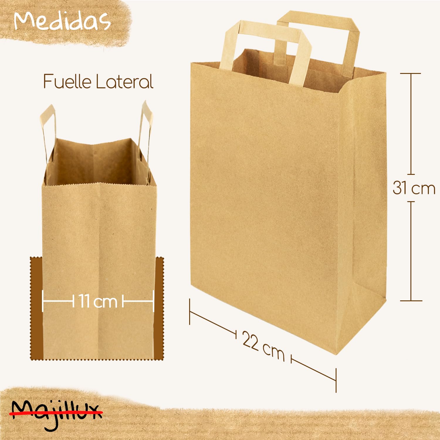 Majillux 12 torebek papierowych brązowych, z płaskim uchwytem, 22 x 32 x 11 cm, eleganckie torebki papierowe wielokrotnego użytku, idealne na prezenty urodzinowe, prezenty świąteczne