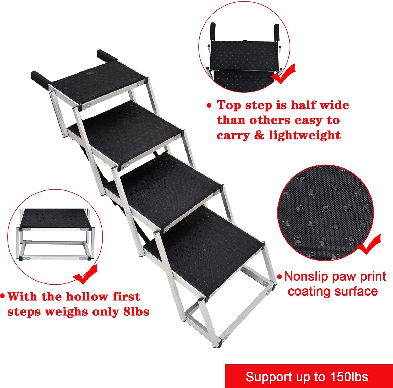 Portable Dog Stairs for Large Dogs, Foldable Aluminum Lightweight Pet Ramps,Accordion Pet Ladder Dog Car Steps with Non-slip Surface for High Beds, Trucks, Cars and SUV, Supports up to 150 lbs,4 Steps : Pet Supplies