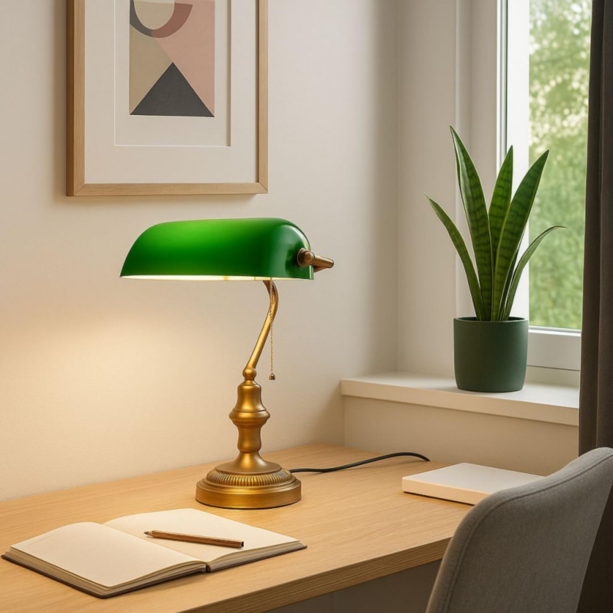 BARCELONA LED Lampe Banquier Vintage E27 Abat-Jour Verre Vert Orientable, Lampe Bureau Rétro Métal Laiton Vieilli Interrupteur Chaîne