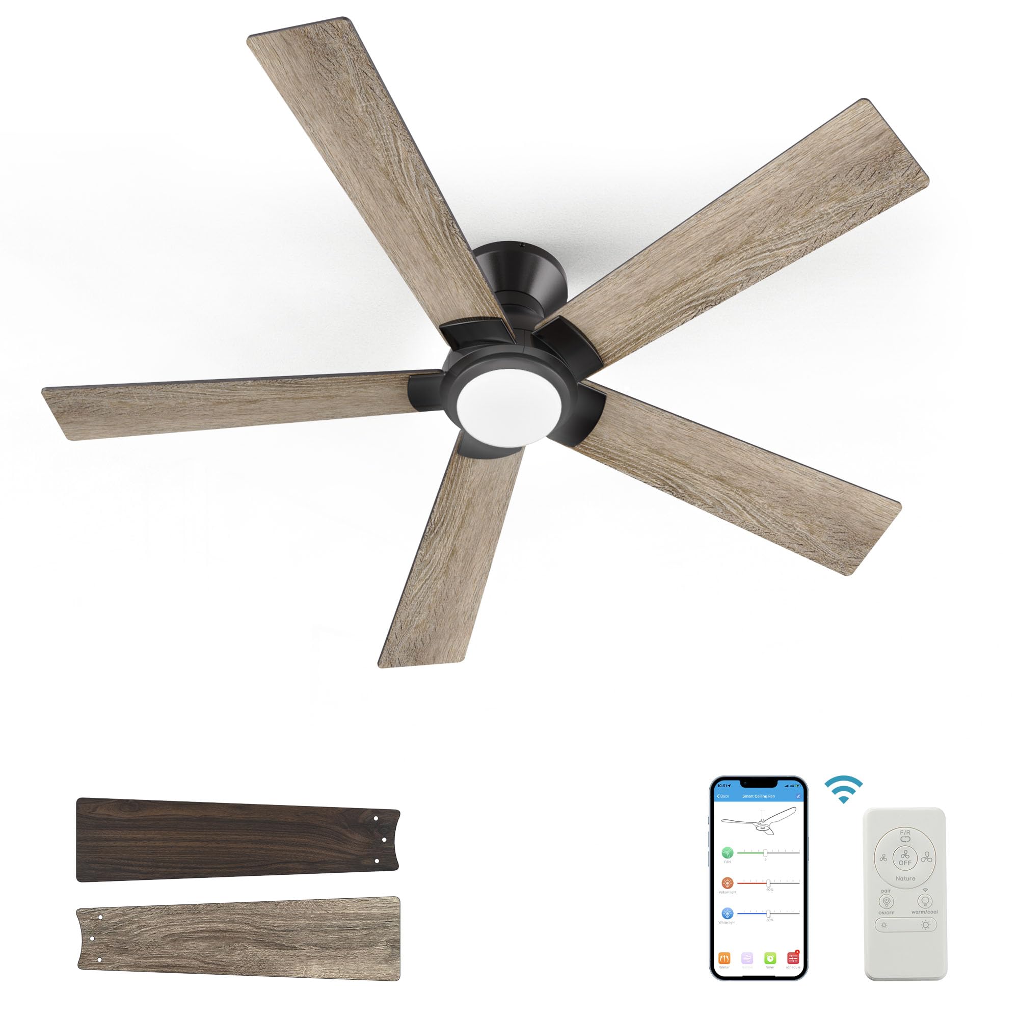 SMAAIR Smart Wifi Ceiling Fan with Light, 52 inch Plywood Remote, App control Timer & Schedule, Compatible Alexa/Google Assistant/Siri Shortcut (Black