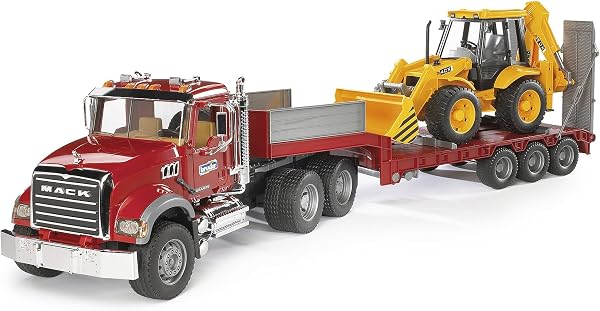 bruder 02813 - Camion MACK Granite avec remorque surbaissée et tractopelle JCB 4CX, camionnette, véhicule de chantier