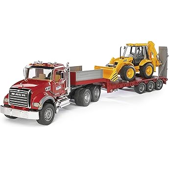 bruder 02813 - MACK Granite Truck with Low Loader & JCB 4CX Backhoe Loader - 1:16 Transporter Heavy Truck Construction Site C