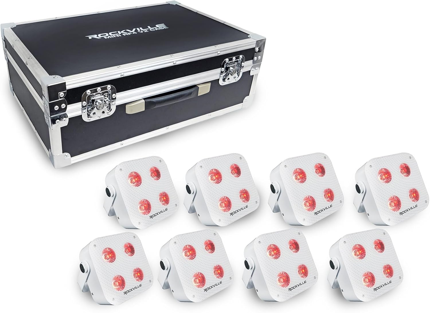 Rockville 8 Pack MINI RF4 V2 White LED Par Wash Up Lights with Charging Case, RGBWA+UV, App, Wireless DMX, Rechargeable, Perfect for DJ/Events