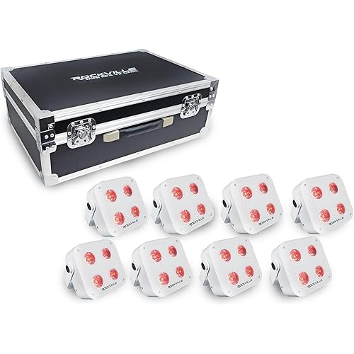 Rockville 8 Pack MINI RF4 V2 White LED Par Wash Up Lights with Charging Case, RGBWA+UV, App, Wireless DMX, Rechargeable, Perfect for DJ/Events