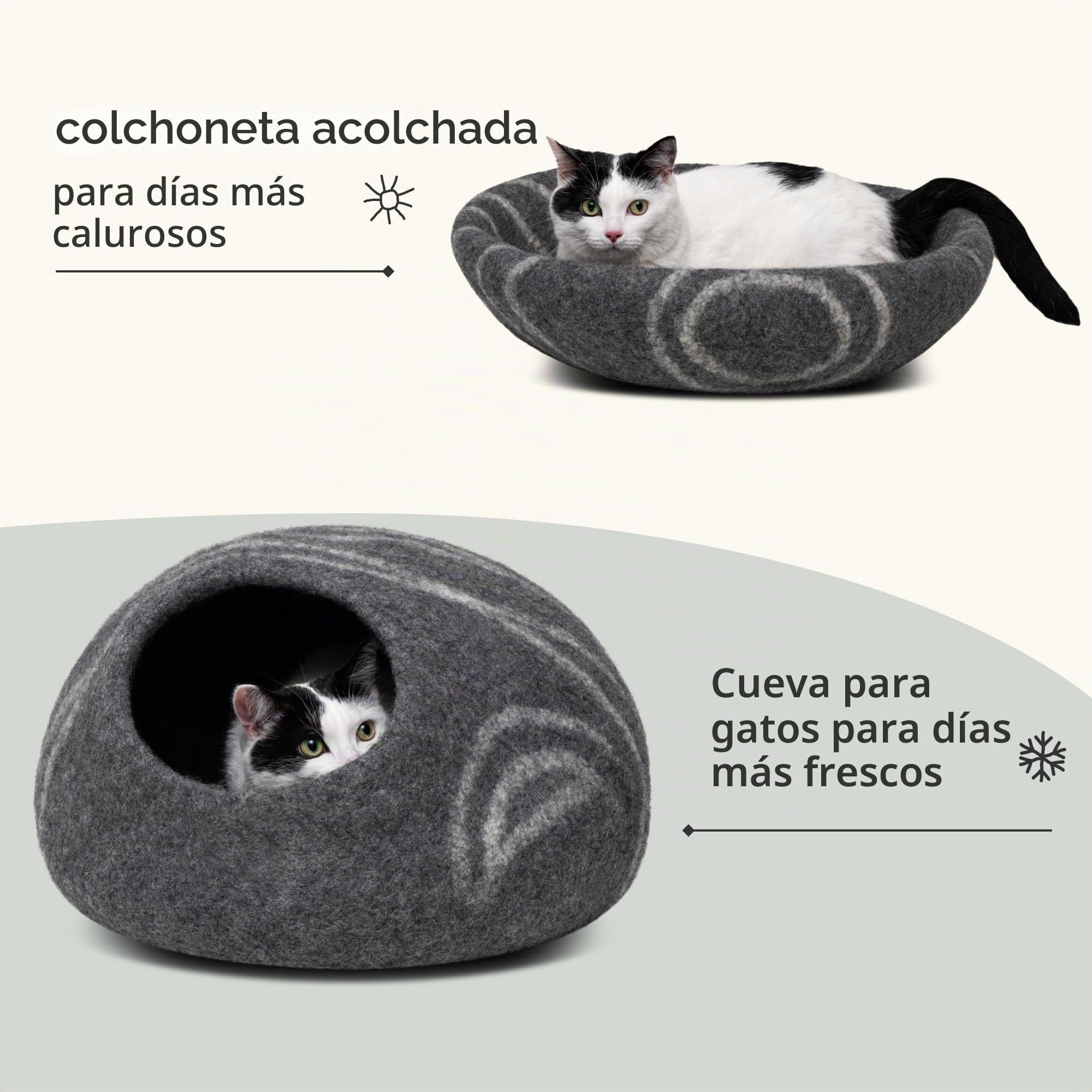 MEOWFIA Cueva de Cama para Gatos de Fieltro Premium - Cama Hecha a Mano 100% Lana Merino para Gatos y Gatitos (Tonos Oscuros) (Grande, ónix de Medianoche)