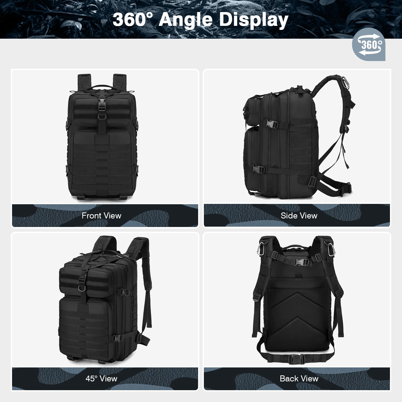 SPAHER 45L Sacs à Dos Tactique Militaire Armée Sac de Randonnée Trekking Survie Voyage Molle Étanche avec Une Housse Imperméable, Noir