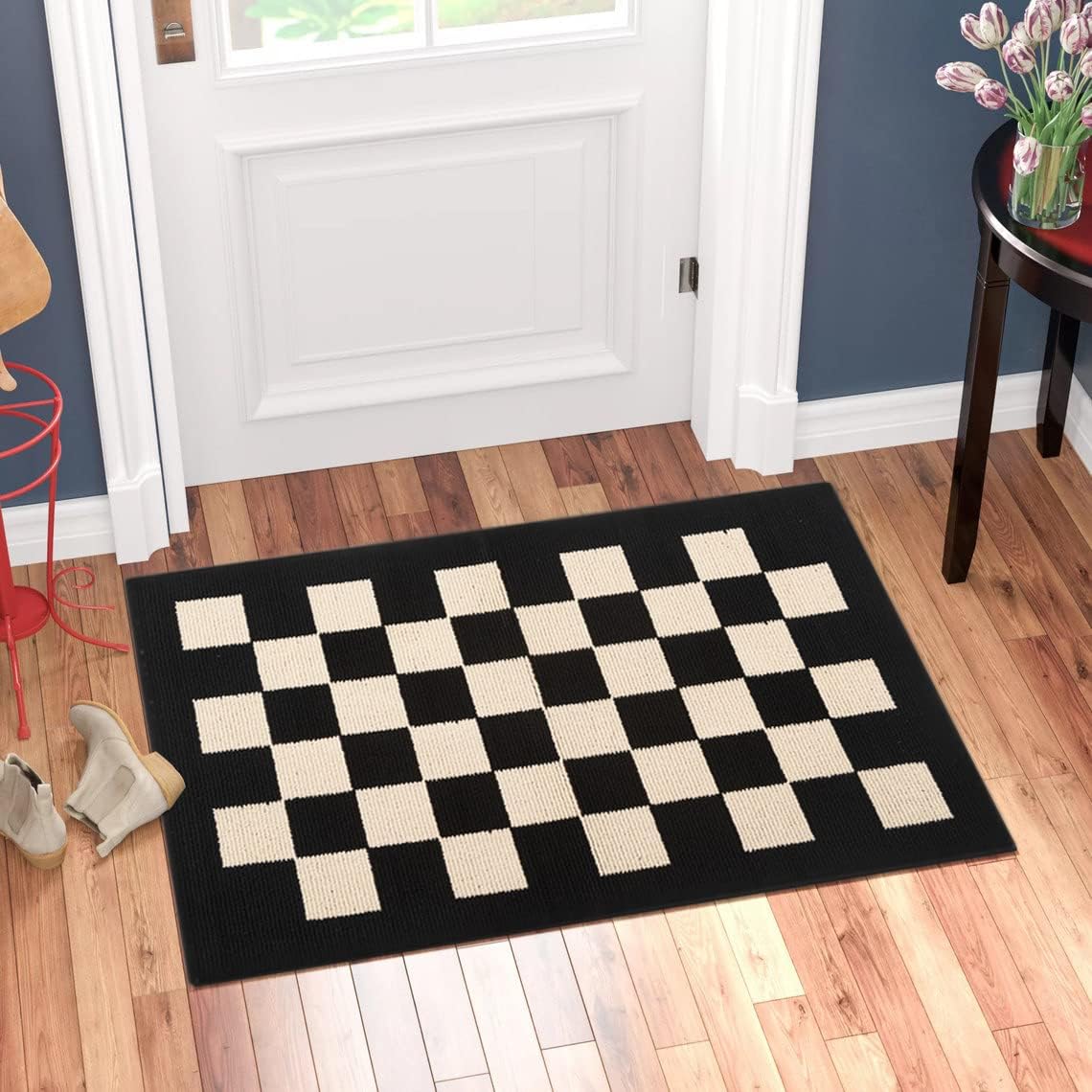 Indoor Door Mat Front Door Rugs - 36"x24" Non Slip Washable Checkered Absorbent Entry Rug Inside Floor Mats for Entrance Black
