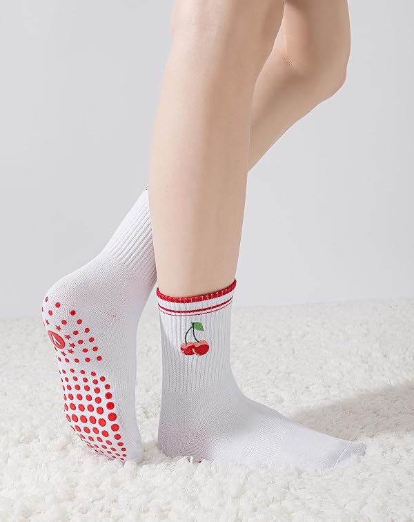 Yawlsow Pilates Grip Socks for Women Yoga Grippy Socks Cute Barre Non Skid Athletic Crew Sticky Sock Workout Hospital (US, Alpha, One Size, Regular, Regular, 3Pack-Cherry&Lemon&Orange) by Yawlsow - Image 2