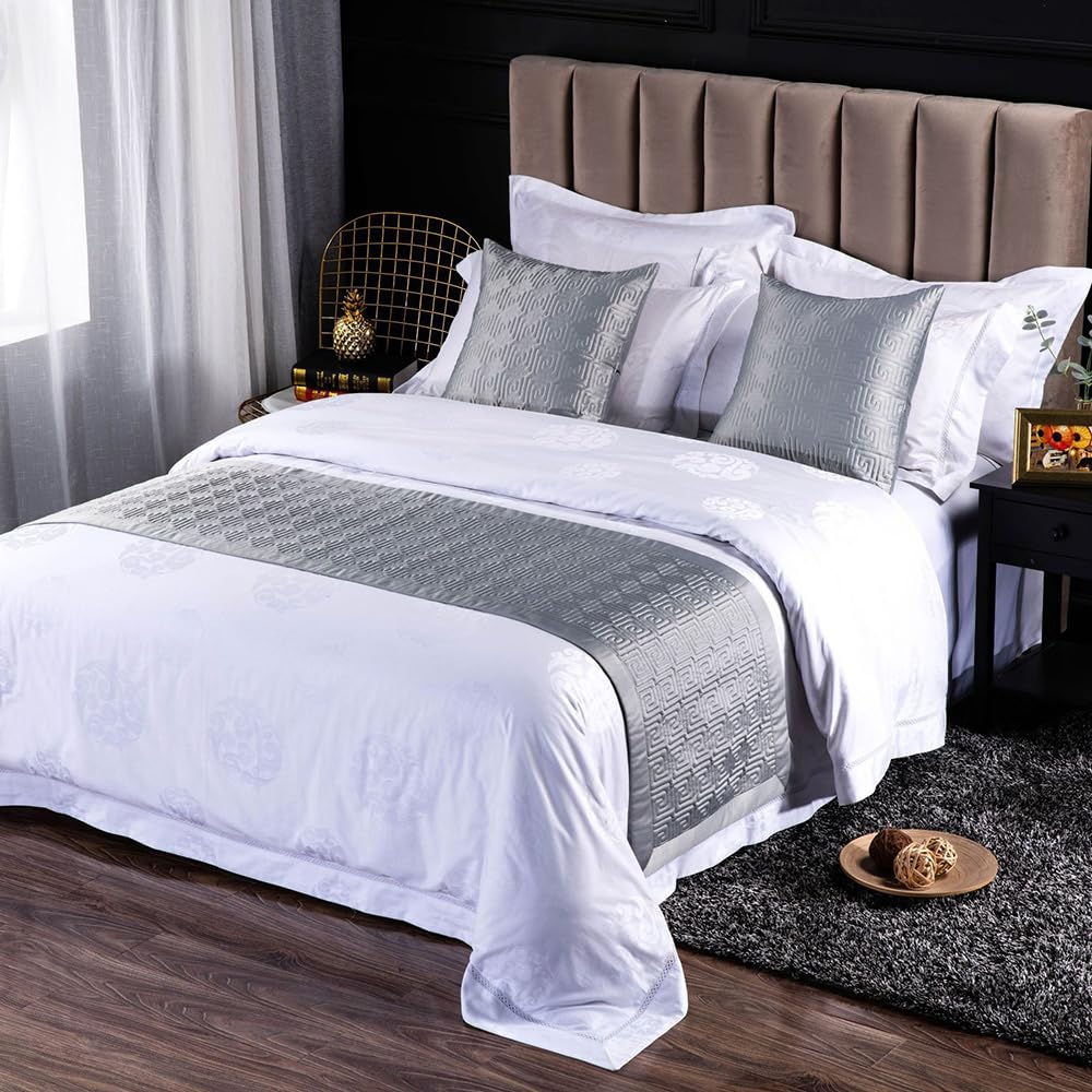 QRGMKL New Solid Color Bed Runners Soft Skin-friendly Bed Scarves High-precision Geometric jacquard Bedding Protector Bedspread for Home Bedroom Hotel-Grey A||210X50cm for 1.5m Bed