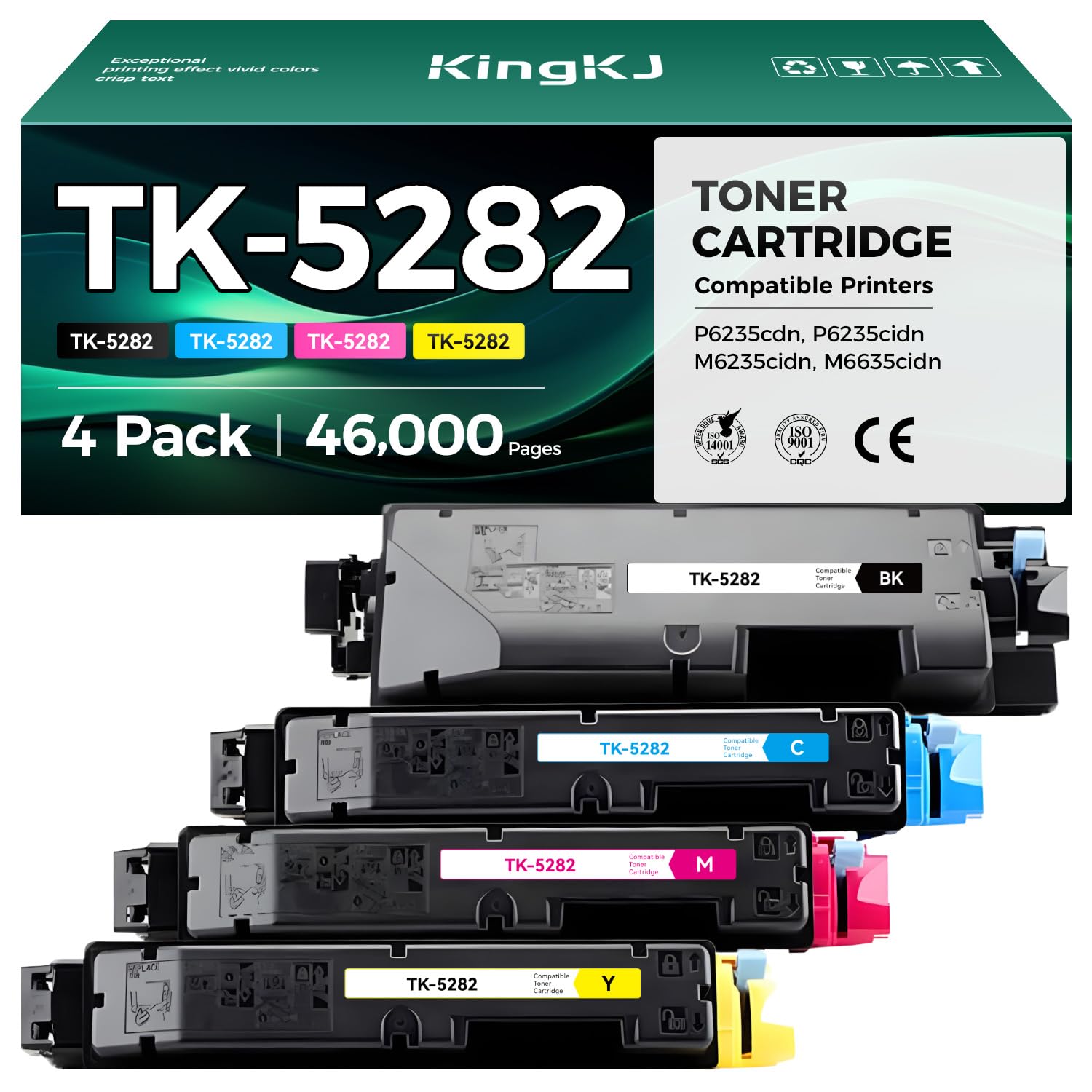 TK5282 TK-5282 Toner Cartridges 4-Pack High Yield Replacement for Kyocera TK-5282 TK-5282C TK-5282M TK-5282Y Compatible with ECOSYS P6235cdn P6235cidn M6235cidn M6635cidn Laser Printer Ink Black Color