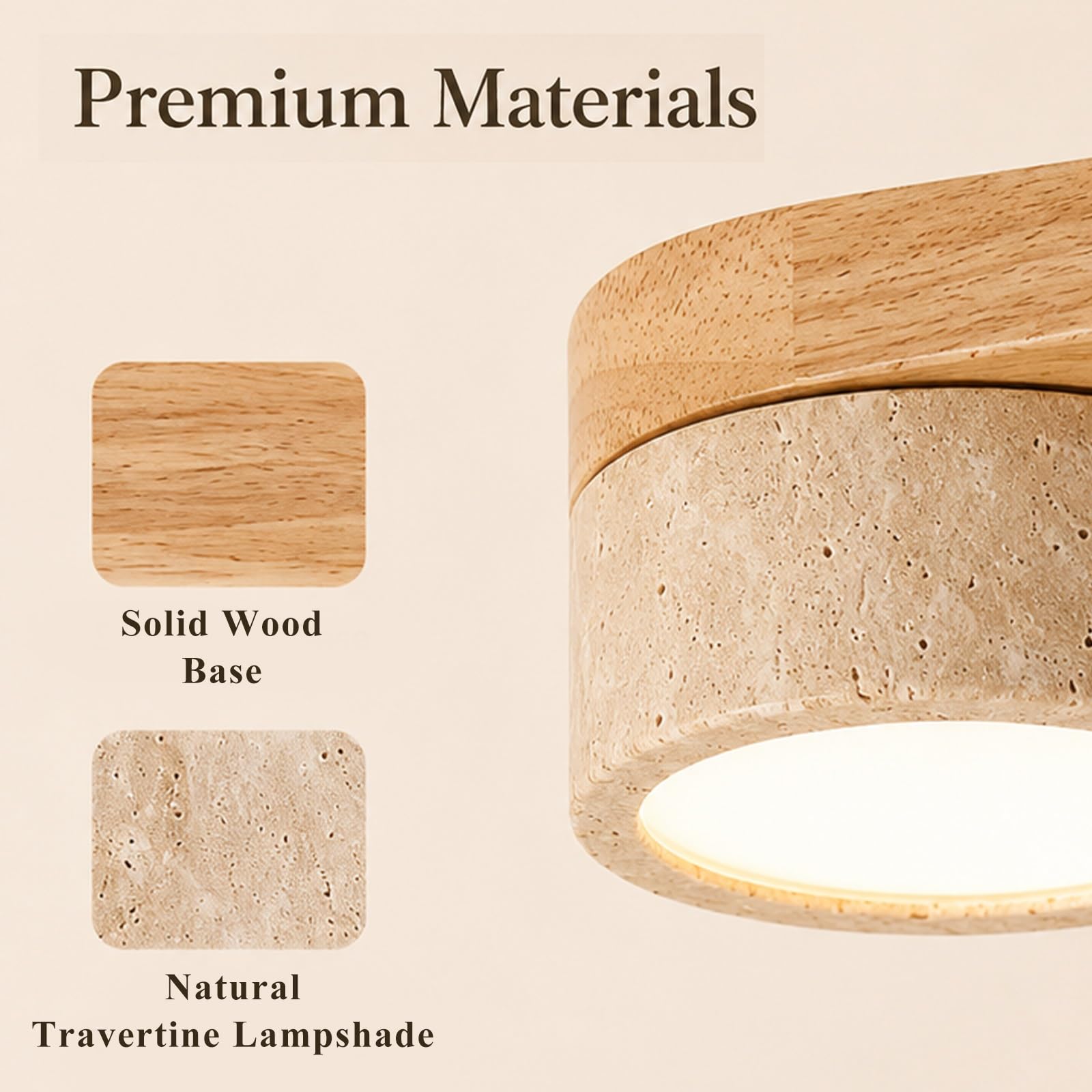 Jadssox Lampa Sufitowa LED Naturalny Żółty Trawertyn Plafon Z Drewnianą Podstawą, Oprawa Oprawa Sufitowa Z Kamienia Naturalnego, Lampy Sufitowe Do Przedpokoju Schodów Do Przejścia(Wood color)