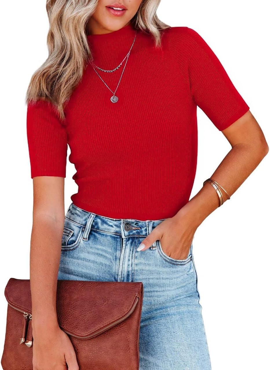 Lacozy Women Casual Short Sleeve Shirt Basic Mock Neck Top Slim Fit Ribbed Knit Pullover Sweater