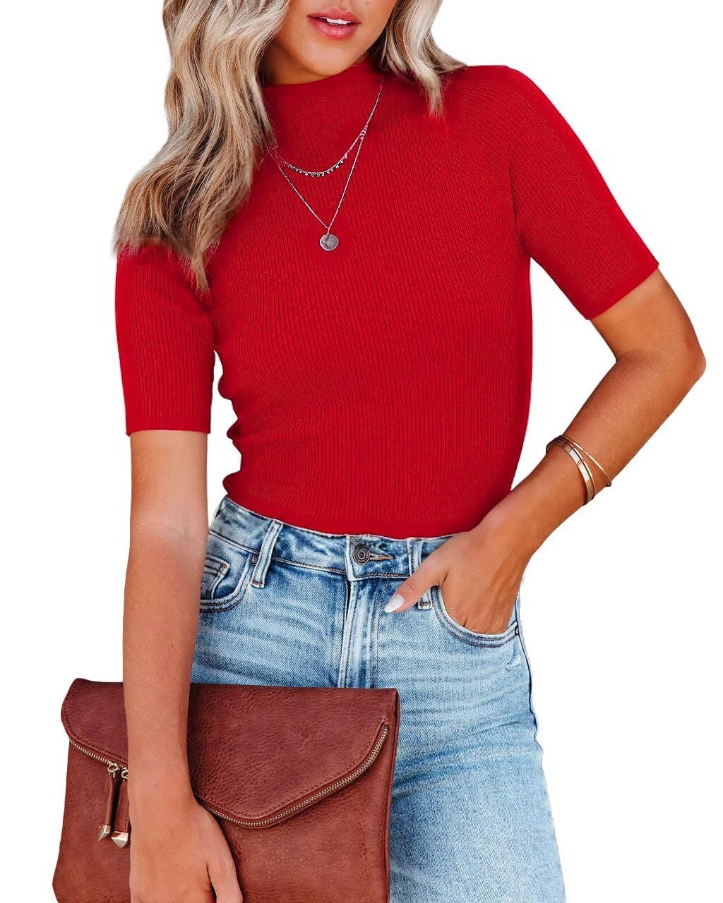 Lacozy Women Casual Short Sleeve Shirt Basic Mock Neck Top Slim Fit Ribbed Knit Pullover Sweater