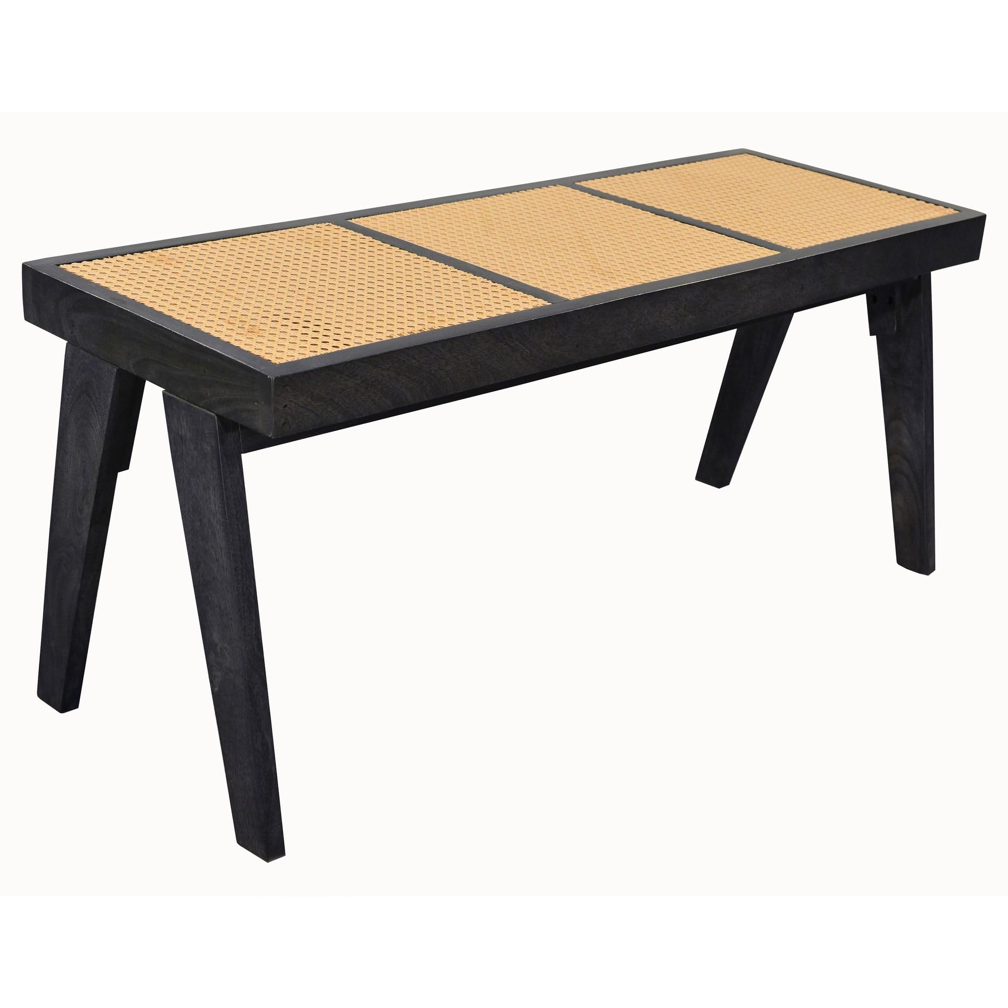 FineBuy Sitzbank Rattan Akazie Massivholz 120cm Schwarz - Design Holzbank Wiener Geflecht - Bettbank Flurbank Retro - Esszimmerbank Bank Handmade